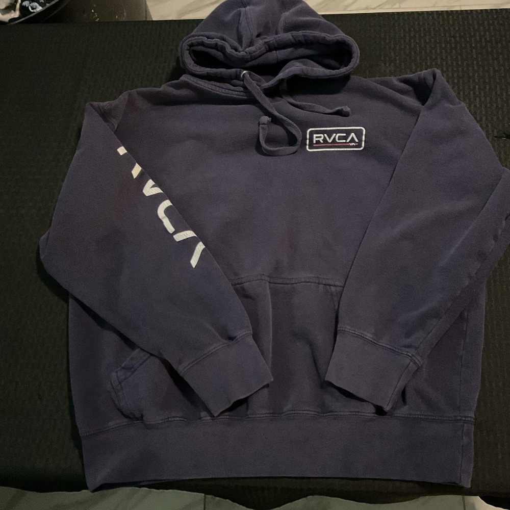 RVCA Hoodie Mens Large Blue Logo Sleeve Print Pullover Sweatshirt Fleece